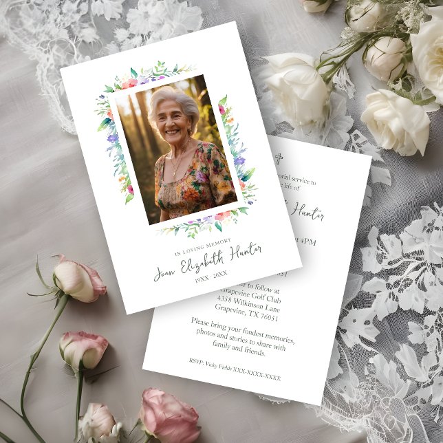 Floral Frame Traditional Elegant Funeral Photo  Inbjudningar (Floral Frame Traditional Elegant Funeral Photo Invitation Card.)