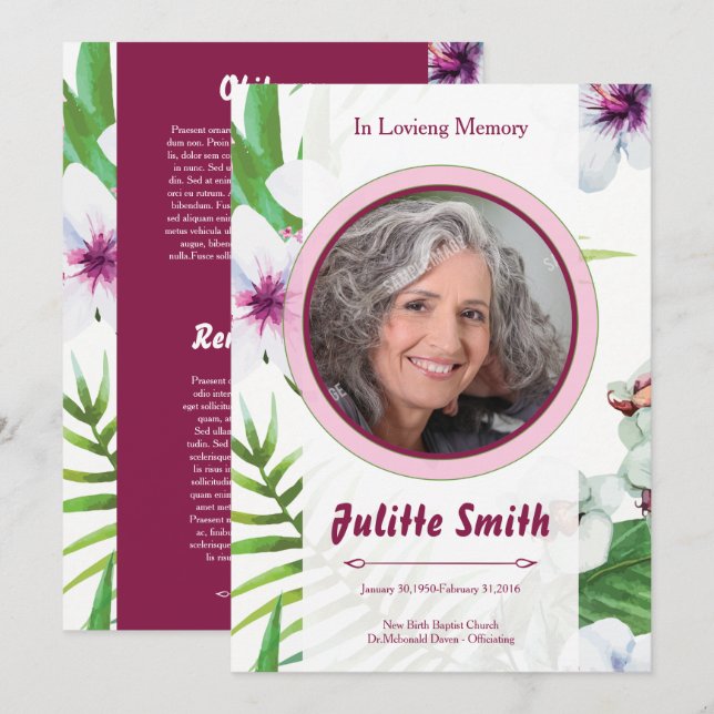 Floral Funeral Program Card Template (Fram/baksida)