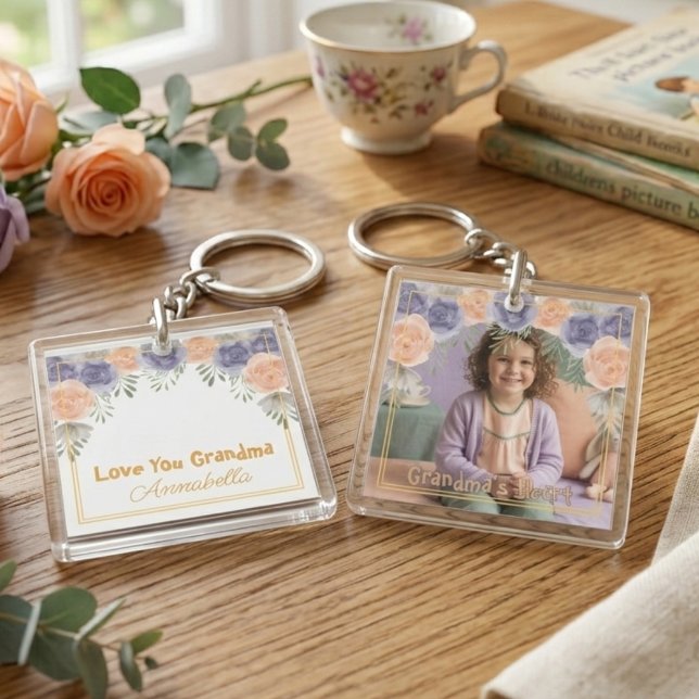 Floral Garden Grandma Photo Keychain (Floral Grandmother Photo Keychain)