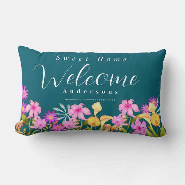 Floral Garden Teal Welcome Throw Pillow Lumbarkudde (Framsida)