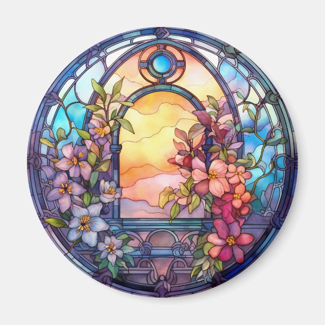 Floral Garland with Sunset Faux Stained-Glass Magnet (Framsidan)