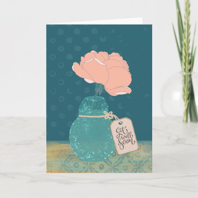 Floral “Get Well Soon” Card with Teal Vase  Kort (Framsida)