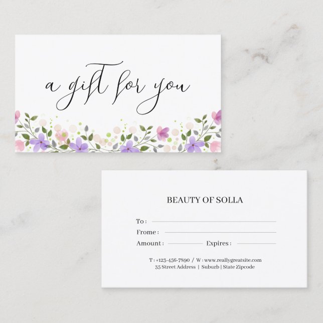Floral Gift Certificate Card for Small Businesses Visitkort (Fram/baksida)