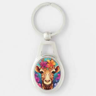 Floral Giraffe Porträtt-9321 Ovalt Silverfärgad Nyckelring