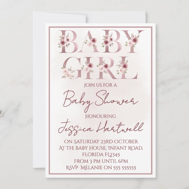 Floral Girl Baby Shower Invitation Inbjudningar (Framsida)