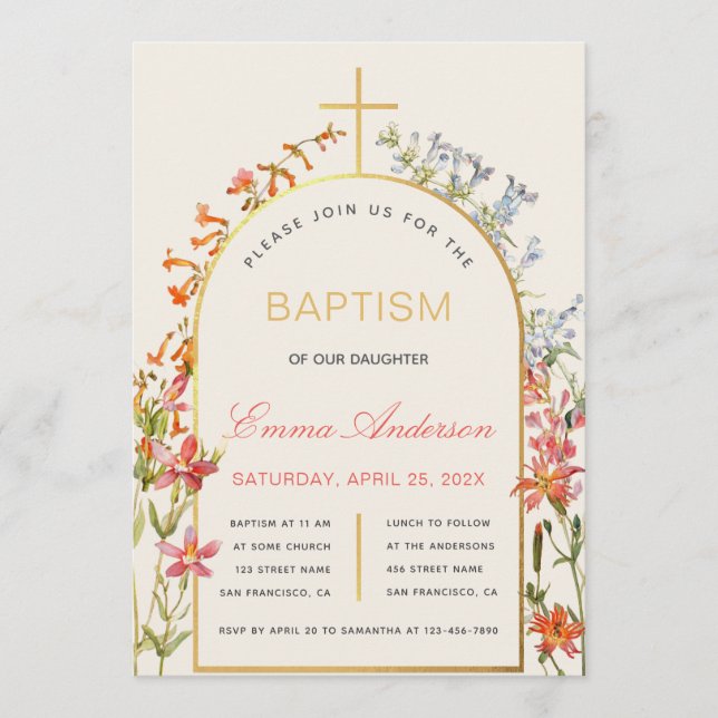 Floral Girl Baptism Gold Cross Arch & Wildflowers Inbjudningar (Framsida)