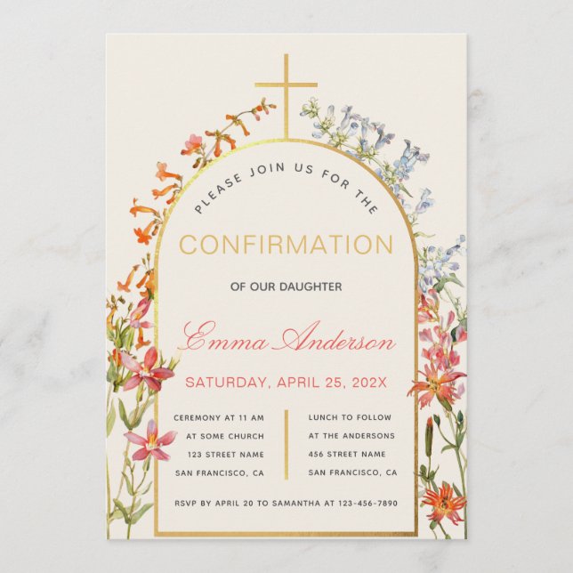 Floral Girl Confirmation Gold Arch and Wildflowers Inbjudningar (Framsida)