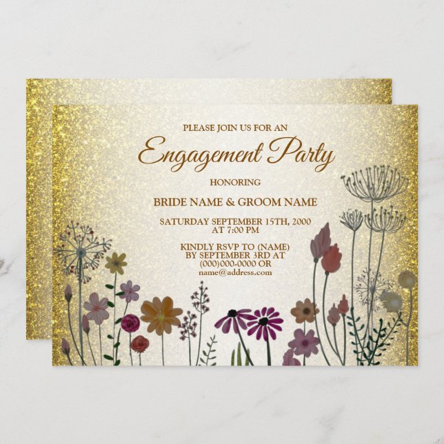 Floral Gold Glitter Wedding Engagement Party Inbjudningar (Fram/baksida)