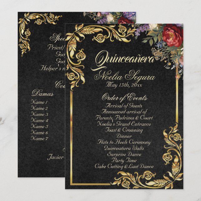 Floral & Gold Leaves - Black Quinceanera Program (Fram/baksida)