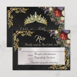 Floral & Gold Leaves - Black RSVP OSA Kort