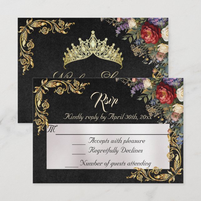 Floral & Gold Leaves - Black RSVP OSA Kort (Fram/baksida)