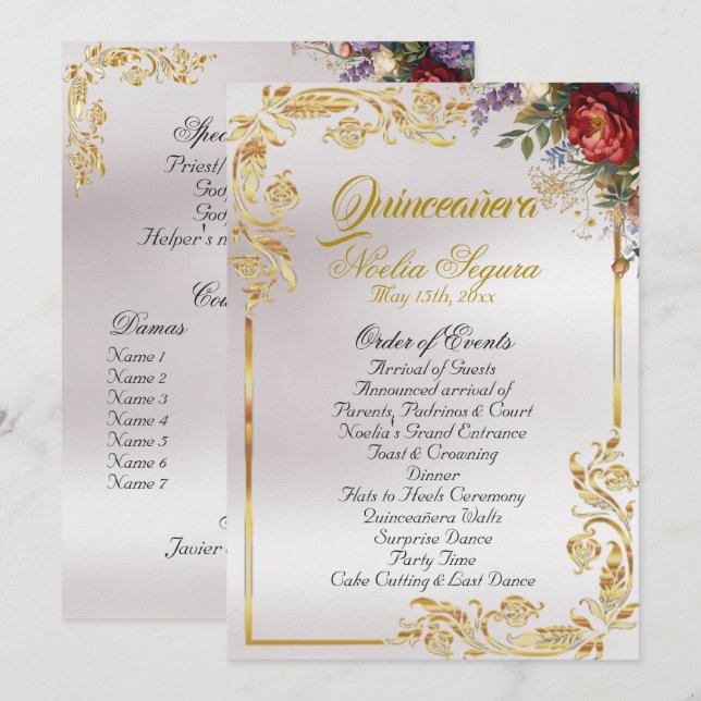Floral & Gold Leaves - Pearl Quinceanera Program (Fram/baksida)