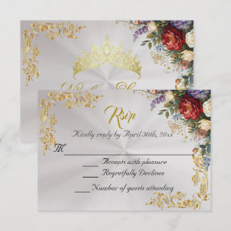 Floral & Gold Leaves - Pearl White RSVP OSA Kort