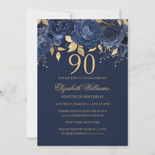Floral Gold Navy Rose 90-årsdag Inbjudningar (Framsida)