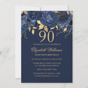 Floral Gold Navy Rose 90-årsdag Inbjudningar
