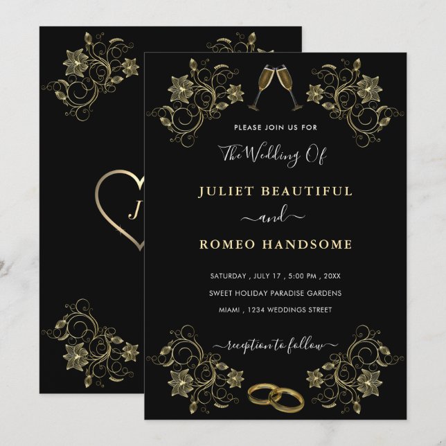 Floral Gold on Black Wedding Invitations Example Anteckningskort (Fram/baksida)
