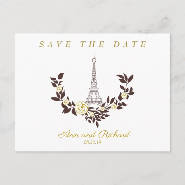 Floral Gold Parisian Wedding Design Meddelande Vykort (Framsida)