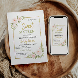 Floral Gold Script Sweet Sixteen Birthday  Inbjudningar