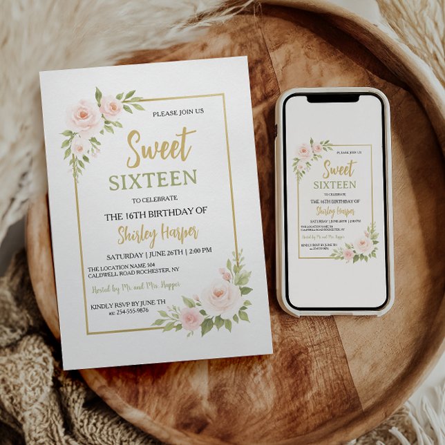 Floral Gold Script Sweet Sixteen Birthday  Inbjudningar (Skapare uppladdad)