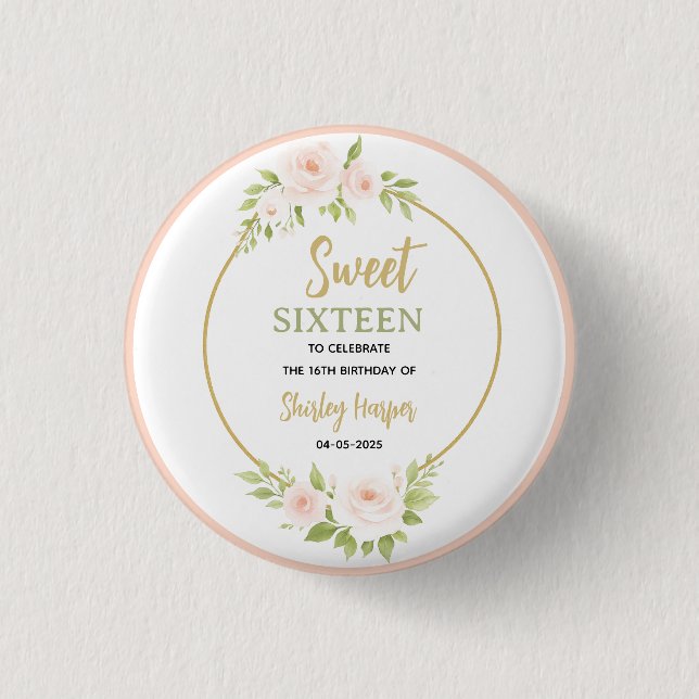 Floral Gold Script Sweet Sixteen Birthday  Knapp (Framsida)