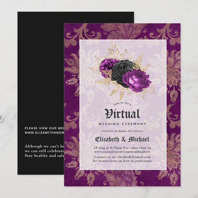 Floral Gothic Online Virtuellt Bröllop Inbjudningar (Fram/baksida)