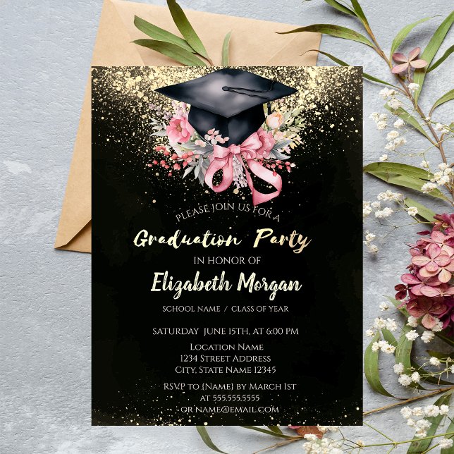 Floral Grad Cap, Bow Confetti Graduation Party Inbjudningar (Skapare uppladdad)