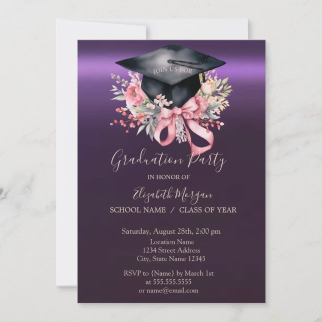 Floral Graduation Cap,Bow Purple Graduation  Inbjudningar (Framsida)