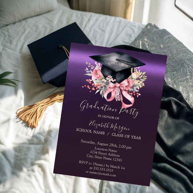Floral Graduation Cap,Bow Purple Graduation  Inbjudningar (Skapare uppladdad)