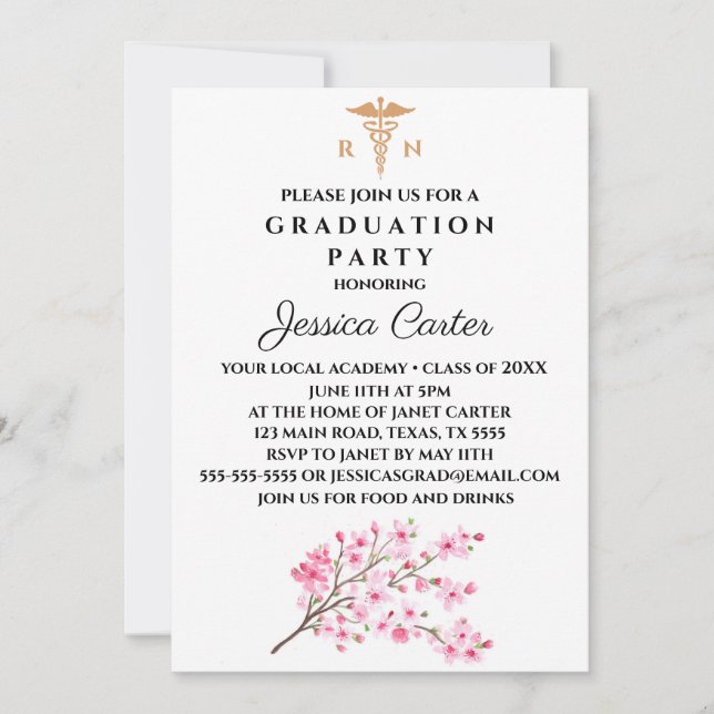 Floral Graduation Nurse Typography Cherry Blossom Inbjudningar (Framsida)