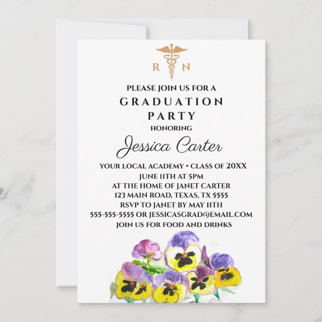 Floral Graduation Nurse Typography Pansies Inbjudningar (Framsida)