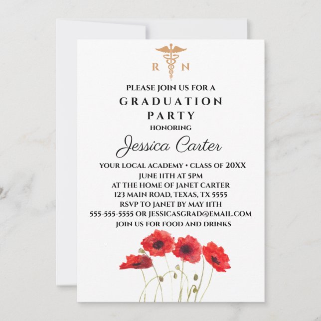 Floral Graduation Nurse Typography Poppies  Inbjudningar (Framsida)