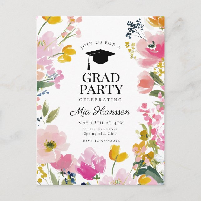 Floral Graduation Party Invitation Meddelande Vykort (Framsida)