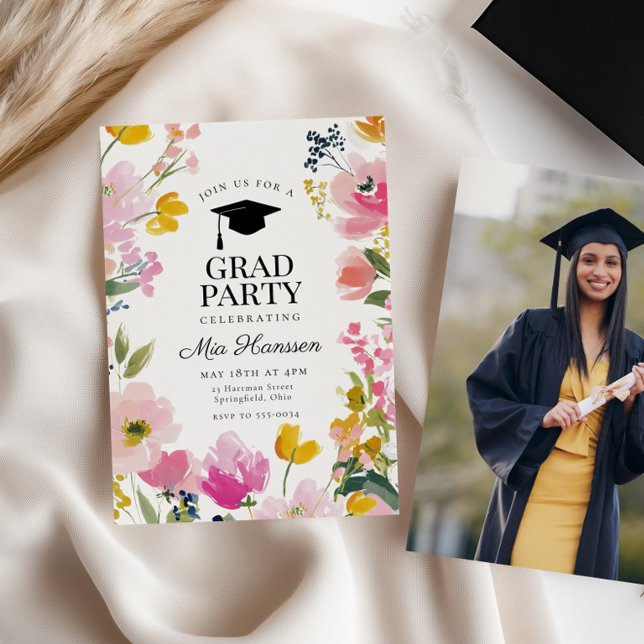 Floral Graduation Party Invitation Photo Back Inbjudningar (Skapare uppladdad)
