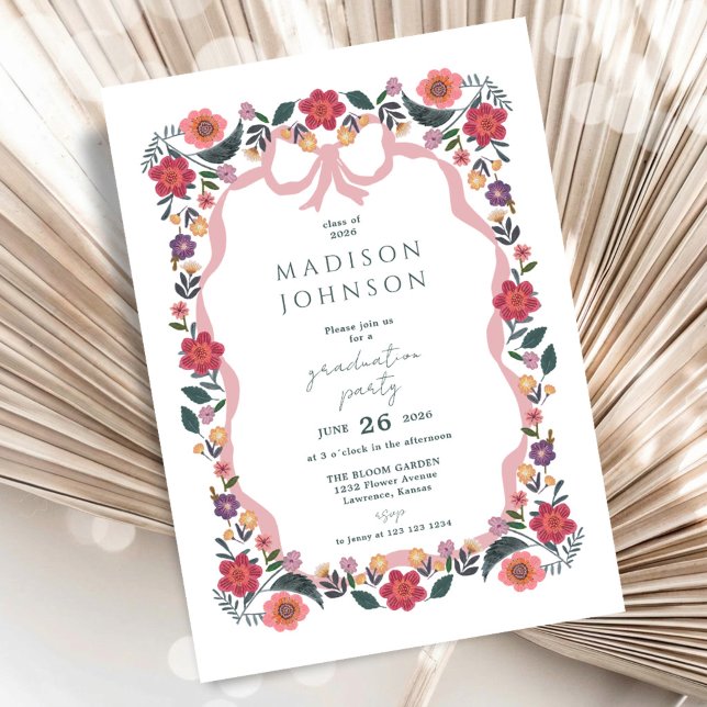 Floral Graduation Party Ribbon Frame Inbjudningar (Floral Graduation Party Ribbon Frame Invitation)