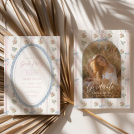 Floral Graduation Photo Announcement Card Blue Bow Inbjudningar
