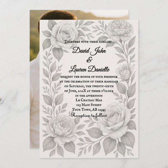 Floral Graphite Photo Wedding Invitation Inbjudningar (Fram/baksida)