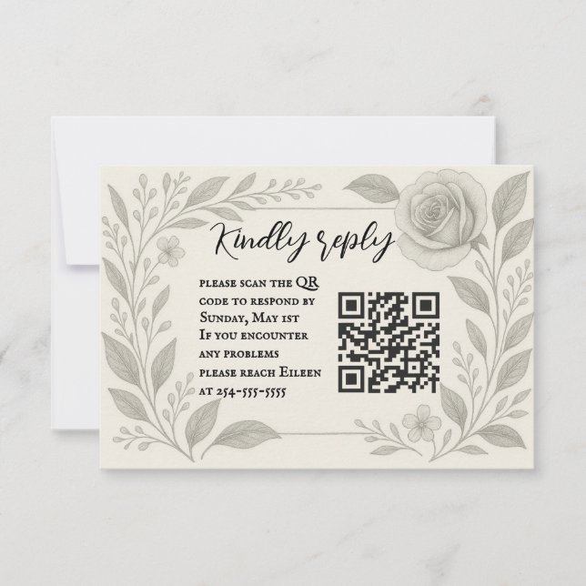 Floral Graphite QR Code Wedding RSVP Card OSA Kort (Framsida)