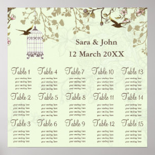 floral green bird cage, love birds  Seating Chart Poster