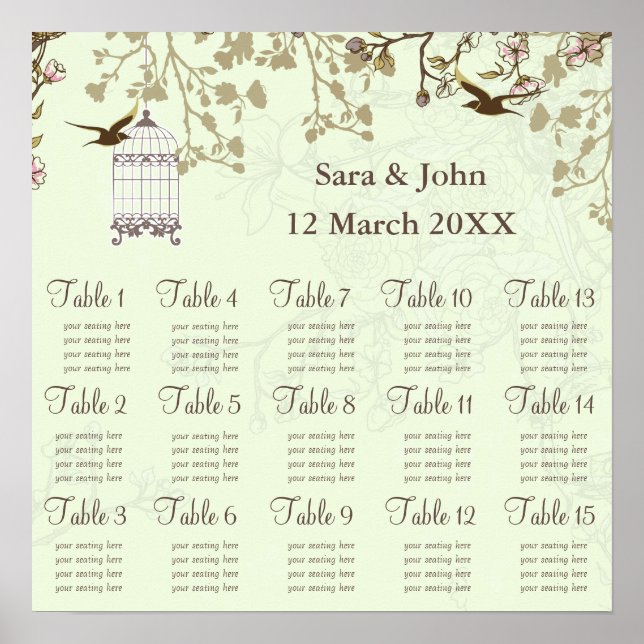 floral green bird cage, love birds  Seating Chart Poster (Framsidan)