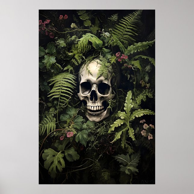 Floral Green Fern Skull Portrait Print, Dark Poster (Framsidan)