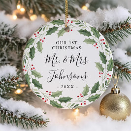 Floral Greenery Wreath Our First Christmas Julgransprydnad Keramik