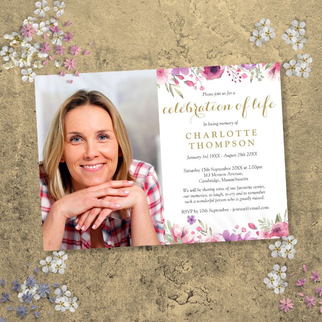Floral Guld Skript Firande Av Livets Begravning Inbjudningar (Floral Gold Script Celebration of Life Funeral Invitation)
