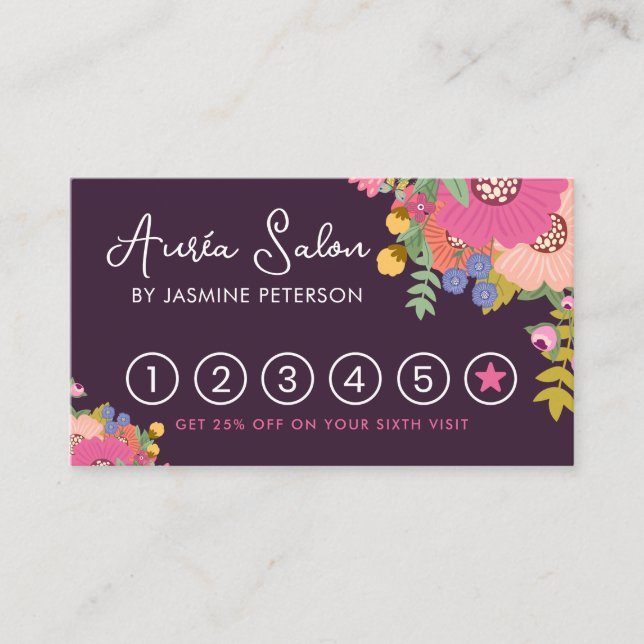 Floral Hair Salon Loyalty Punch Card Six Lojalitetskort (Framsida)