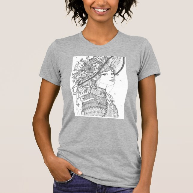 Floral Hat Lady Ink Art T-Shirt (Framsida)