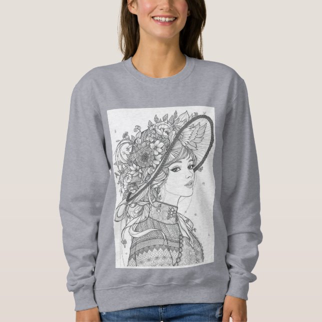 Floral Hat Lady Ink Illustration T Shirt (Framsida)