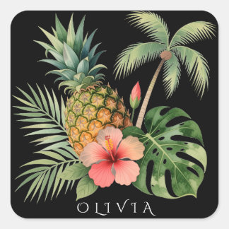 Floral Hawaii Pineapple & Hibiscus Summer Name Fyrkantigt Klistermärke