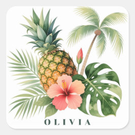 Floral Hawaii Pineapple & Hibiscus Summer Name Fyrkantigt Klistermärke