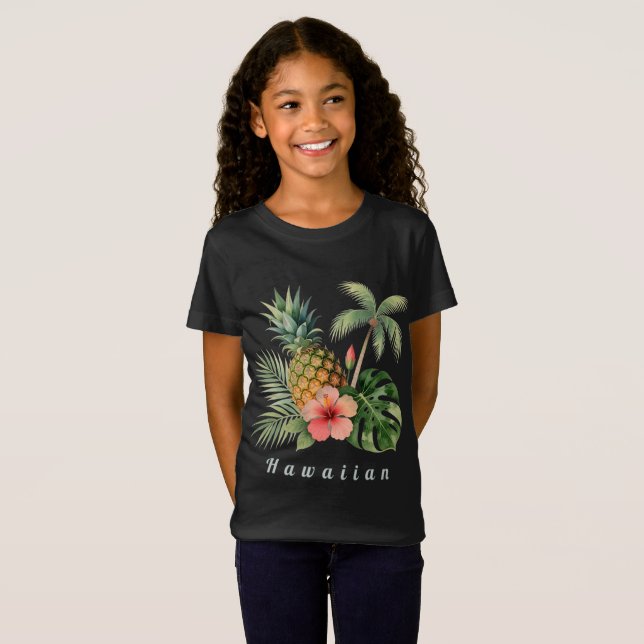 Floral Hawaii Pineapple & Hibiscus Summer Name T Shirt (Hel framsida)