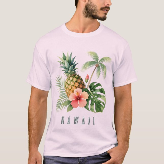 Floral Hawaii Pineapple & Hibiscus Summer Name T Shirt (Framsida)