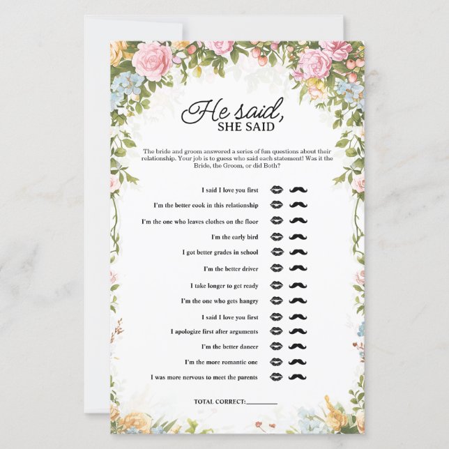 Floral He Said She Said Bridal Shower Game (Framsida)